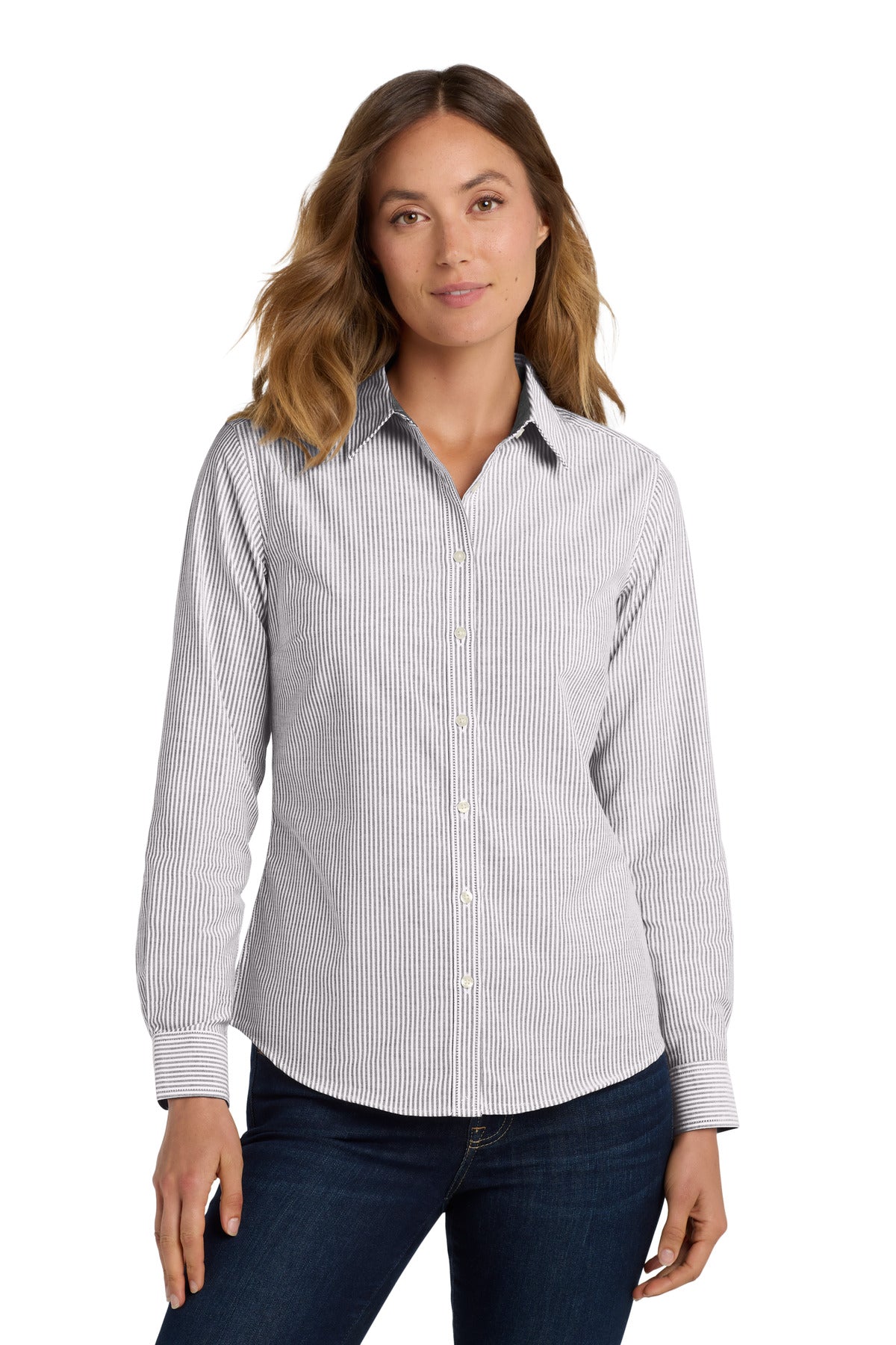 Black/White Port Authority Women's SuperPro Oxford Stripe Shirt. LW657