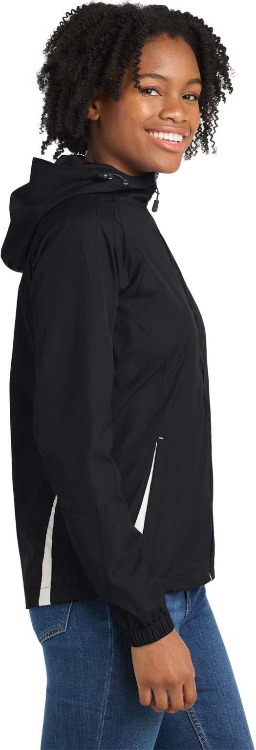 Black/White Sport-Tek Women's Colorblock Hooded Raglan Jacket. LST76