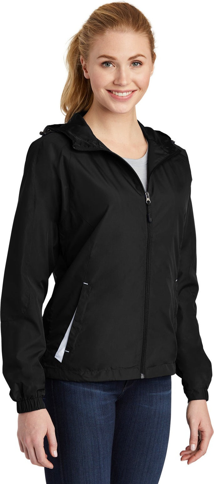Black/White Sport-Tek Women's Colorblock Hooded Raglan Jacket. LST76