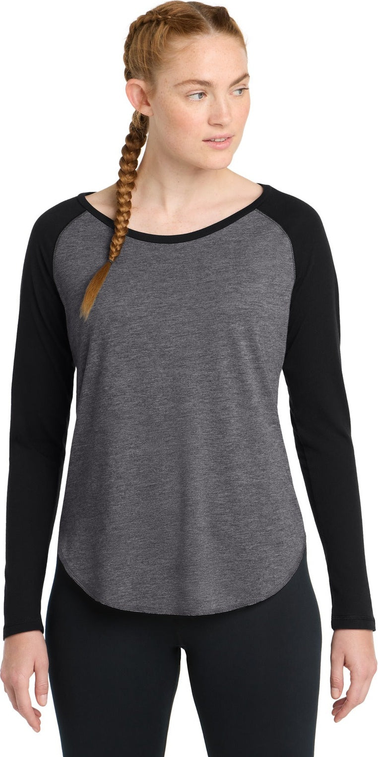 Blk TS/Dk Gy H Sport-Tek Women's PosiCharge Long Sleeve Tri-Blend Wicking Scoop Neck Raglan Tee LST400LS