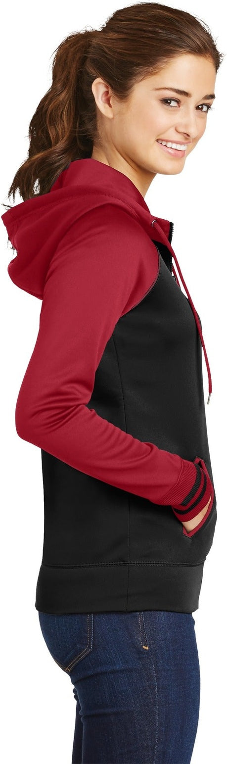 Blk/Deep Red Sport-Tek Women's Sport-Wick Varsity Fleece Full-Zip Hooded Jacket. LST236