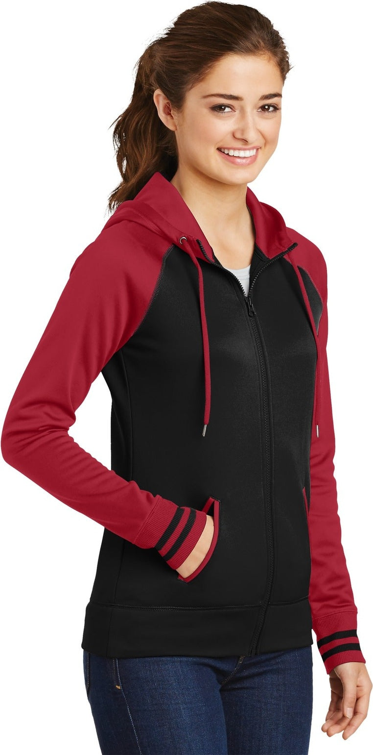 Blk/Deep Red Sport-Tek Women's Sport-Wick Varsity Fleece Full-Zip Hooded Jacket. LST236