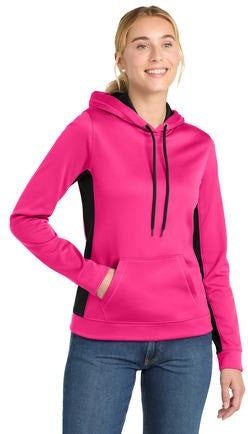 Blk/Dk Smk Gry Sport-Tek Women's Sport-Wick Fleece Colorblock Hooded Pullover. LST235