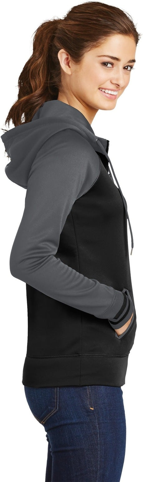 Blk/Dk Smk Gry Sport-Tek Women's Sport-Wick Varsity Fleece Full-Zip Hooded Jacket. LST236