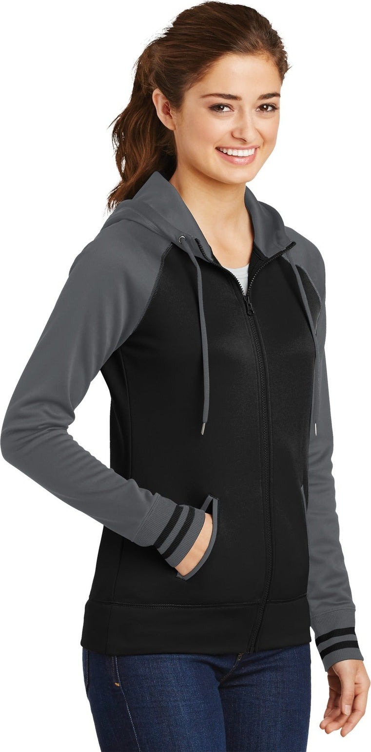 Blk/Dk Smk Gry Sport-Tek Women's Sport-Wick Varsity Fleece Full-Zip Hooded Jacket. LST236