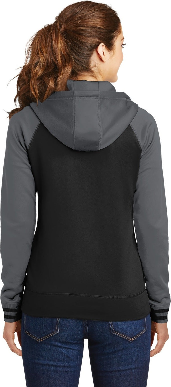 Blk/Dk Smk Gry Sport-Tek Women's Sport-Wick Varsity Fleece Full-Zip Hooded Jacket. LST236
