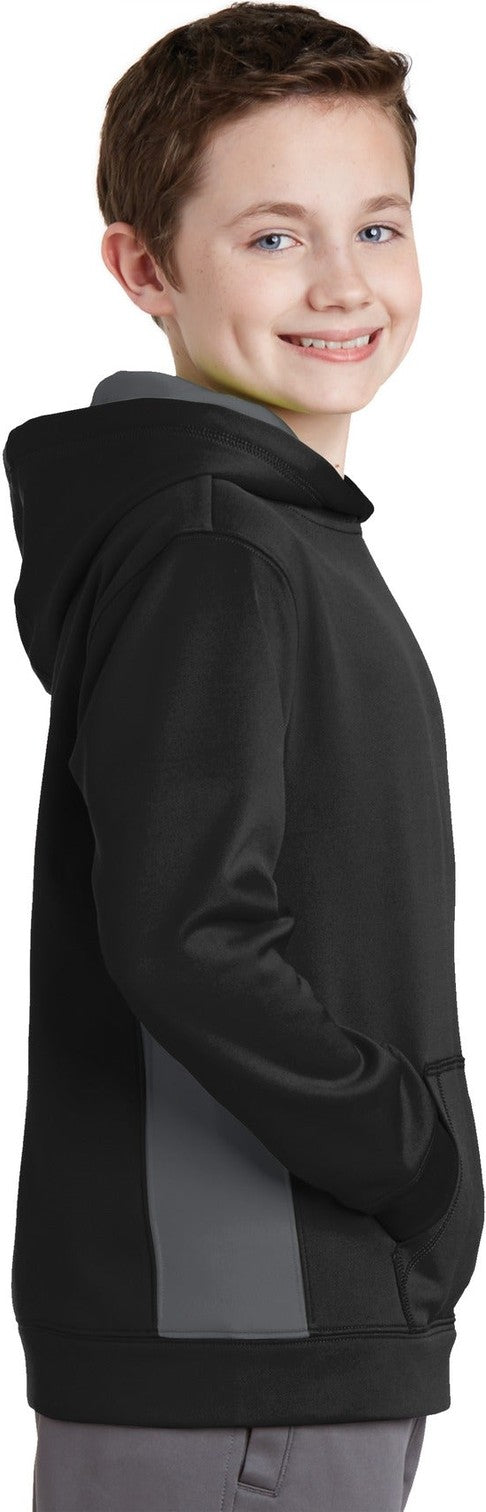 Blk/Dk Smk Gry Sport-Tek Youth Sport-Wick Fleece Colorblock Hooded Pullover. YST235