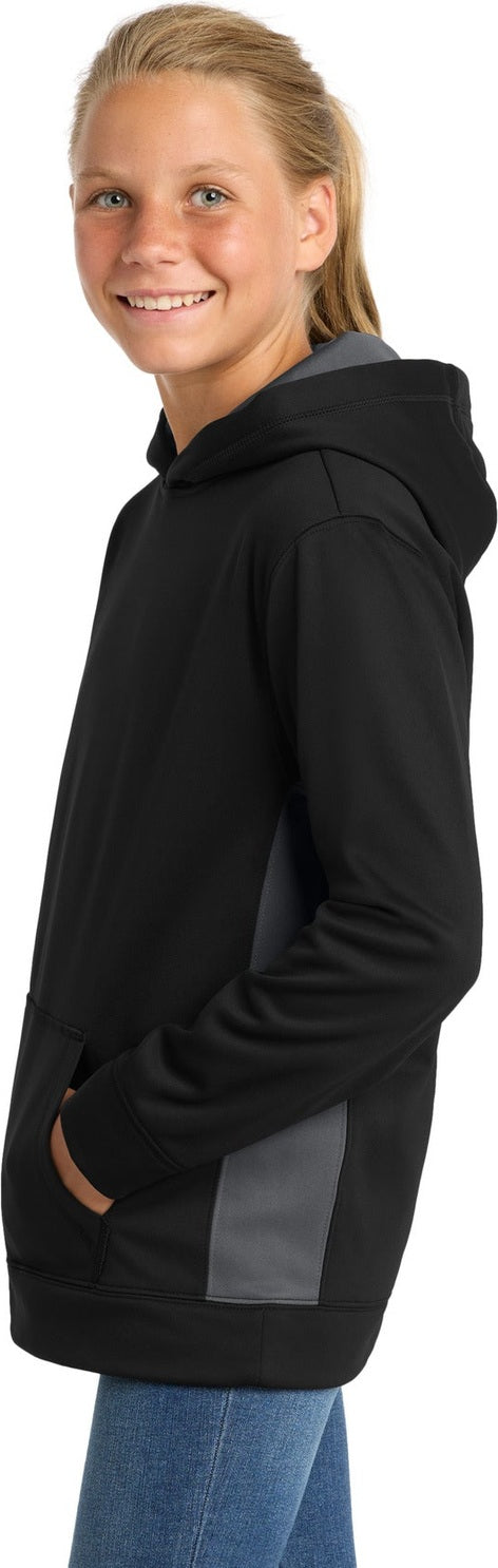 Blk/Dk Smk Gry Sport-Tek Youth Sport-Wick Fleece Colorblock Hooded Pullover. YST235