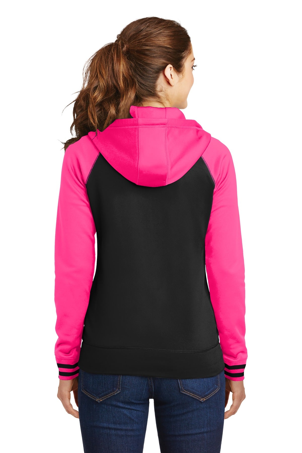 Blk/Neon Pink Sport-Tek Women's Sport-Wick Varsity Fleece Full-Zip Hooded Jacket. LST236