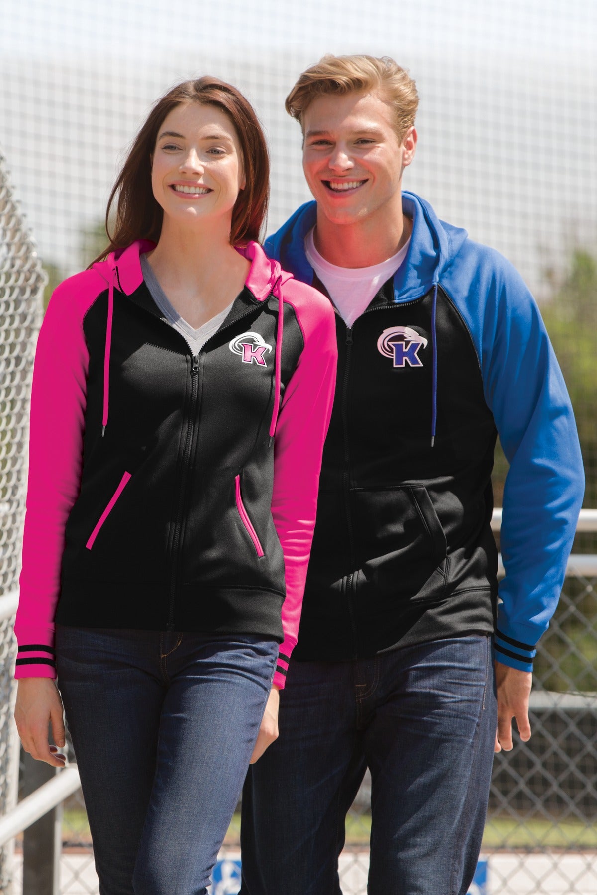 Blk/Neon Pink Sport-Tek Women's Sport-Wick Varsity Fleece Full-Zip Hooded Jacket. LST236
