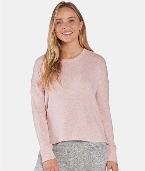 Rear View of Blush Heather Women's Cuddle Fleece Boxy Crewneck Pullover - L06