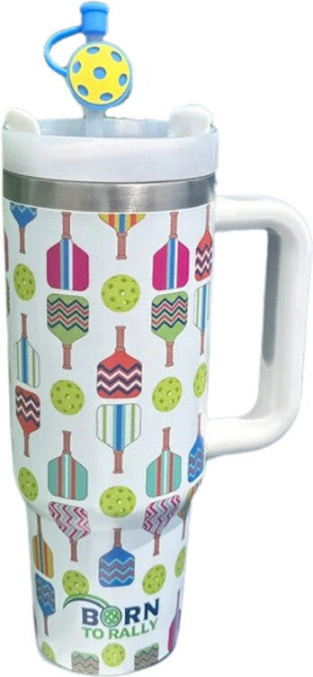 Born to Rally Pickleball 30 Oz Tumbler Multi Paddle - White