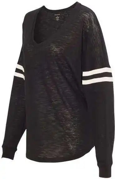 Boxercraft T17 Womens Slub Jersey Varsitee v Neck Long Sleeve t Shirt Black