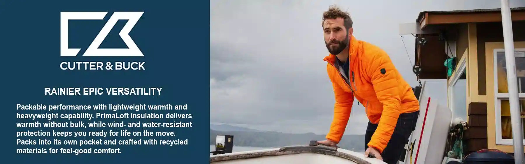 Bright orange cutter & buck rainier jacket with primaloft insulation.