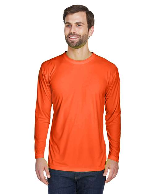 Front View of Bright Orange Men's Cool & Dry Sport Long Sleeve Performance Interlock T-Shirt - 8422