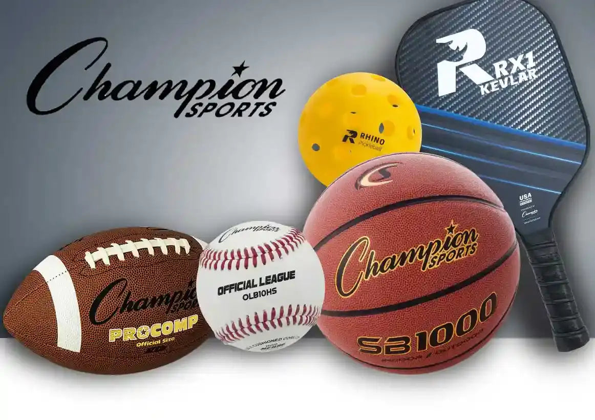 Brown leather football with white laces and ’champion sports procomp’ branding