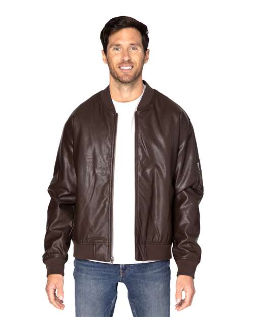Brown Vegan Leather Bomber Jacket - 395J