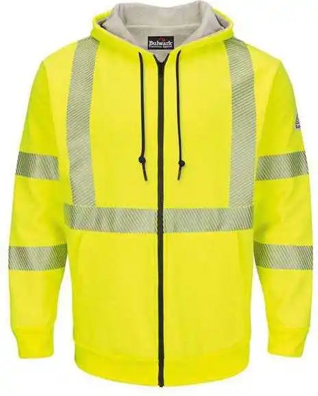 Bulwark Smz4hvl Hi Visibility Zip Front Hooded Fleece Sweatshirt with Waffle Lining Long Sizes Yellow Green