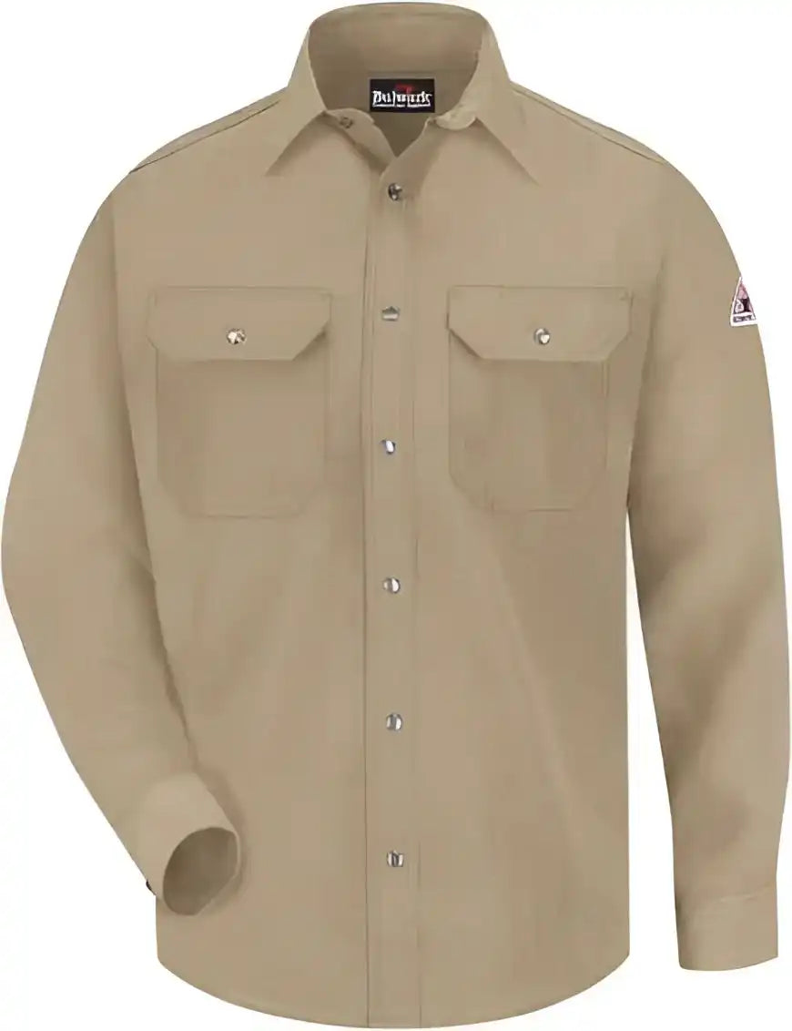 Bulwark Sns2l Snap Front Uniform Shirt Nomex Iiia 4.5 Oz. Long Sizes Tan