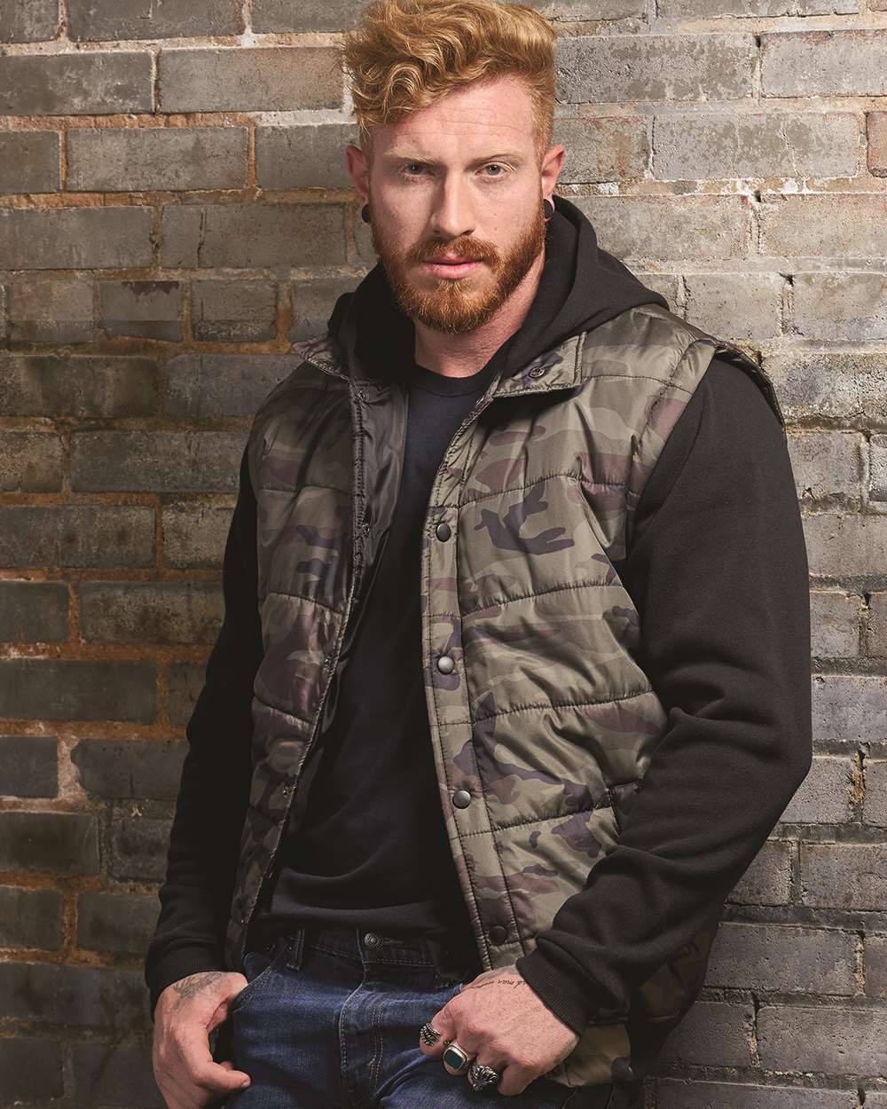 Burnside B8701 Nylon Vest with Fleece Sleeves - 8701 - Green Camo Black - Camo/ / Adult s