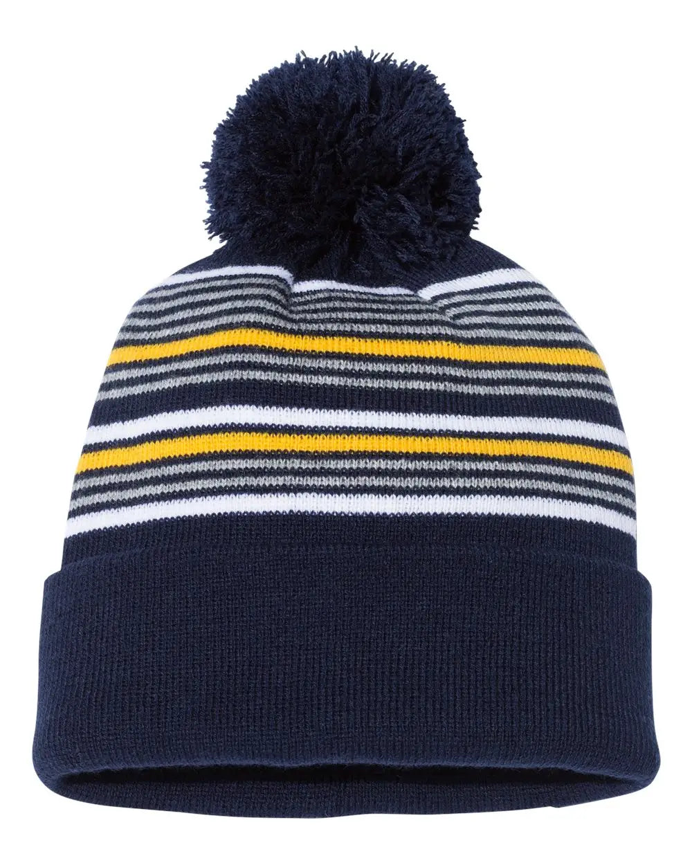 Sportsman Sp60s 12’’ Striped Pom-pom Cuffed Beanie - Sp60 - Navy White Gray Gold - one Size Fits Most