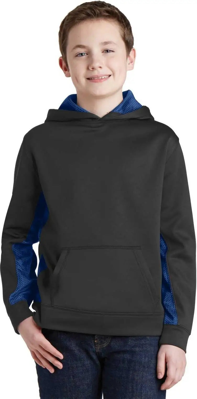 Sport-tek Yst239 Youth Sport-wick Camohex Fleece Colorblock Hooded Pullover - Black True Royal