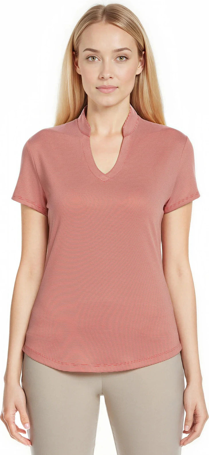 Callaway Golf Cgw703 Short Sleeve Mock Neck Fine Line Stripe Polo - Cayenne Apricot Blush - Cayenne/apricot / Ladies s