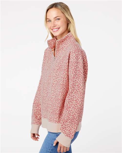 Cameo Pink/ Orchid Ice Leopard Women&#39;s Sueded Fleece Quarter-Zip Sweatshirt - W22713
