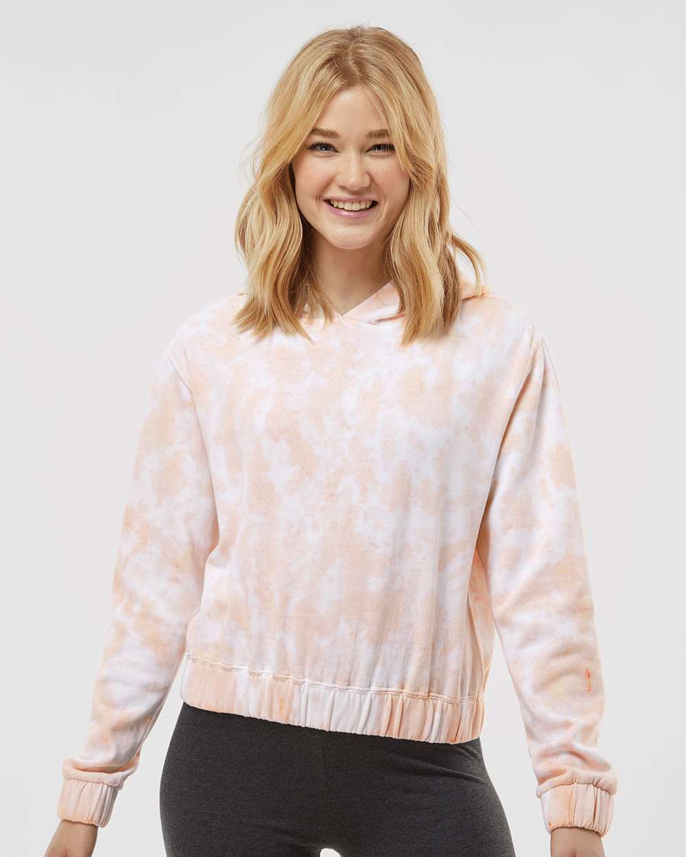 Cameo Pink Women's Sueded Fleece Tie-Dyed Crop Hooded Sweatshirt - W23718 plain