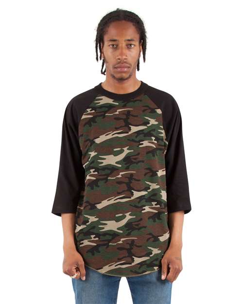Camo Green/ Black Three-Quarter Sleeve Camo Raglan T-Shirt - SHRAGCM