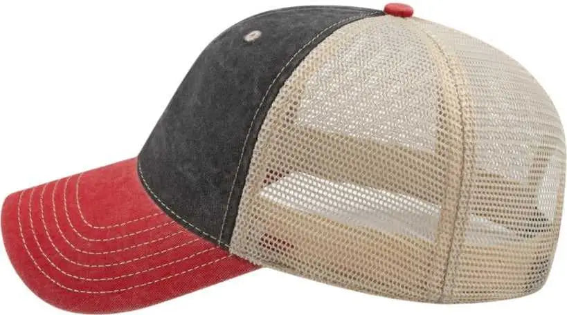 Cap America I3027 Washed Pigment Dyed with Mesh - Black Red Stone - Ivory / one Size Fits Most