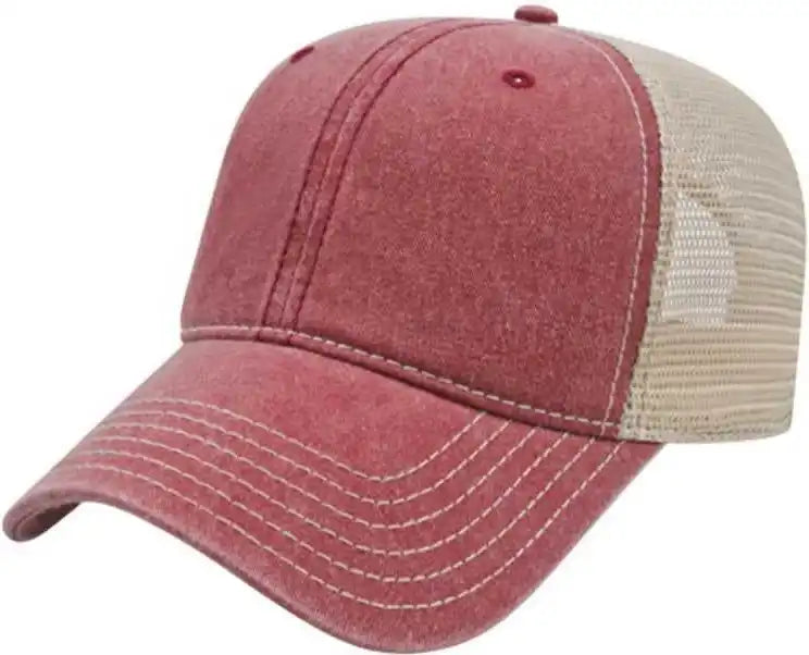 Cap America I3027 Washed Pigment Dyed with Mesh Maroon Stone Ivory / one Size Fits Most