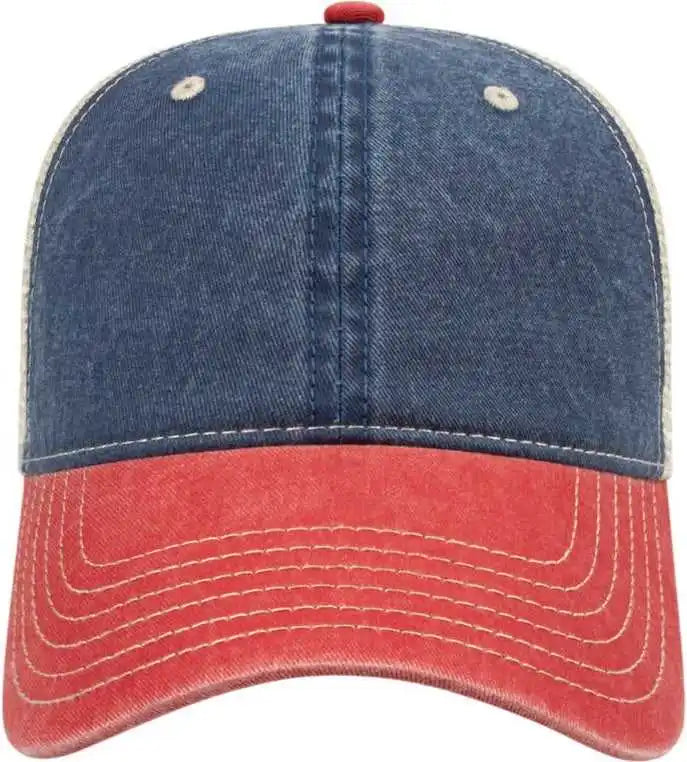 Cap America I3027 Washed Pigment Dyed with Mesh - Navy Red Stone - one Size Fits Most