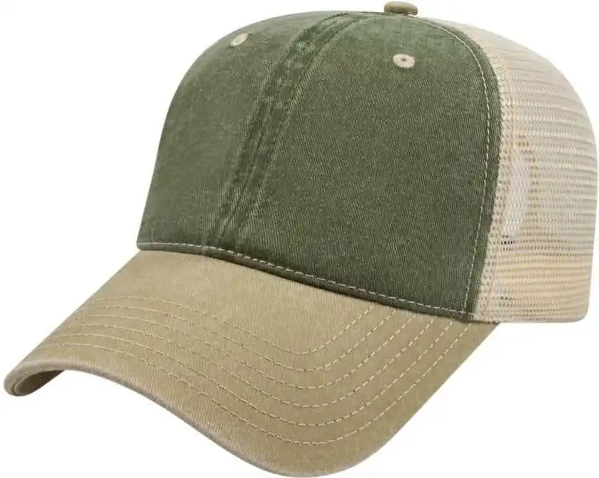 Cap America I3027 Washed Pigment Dyed with Mesh Olive Khaki Stone Ivory / one Size Fits Most