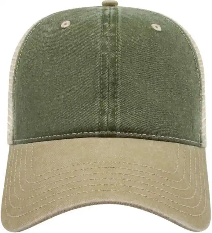 Cap America I3027 Washed Pigment Dyed with Mesh Olive Khaki Stone Ivory / one Size Fits Most