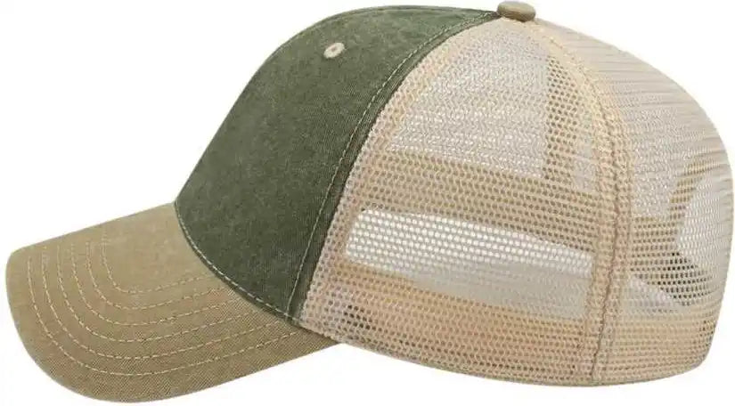Cap America I3027 Washed Pigment Dyed with Mesh Olive Khaki Stone Ivory / one Size Fits Most