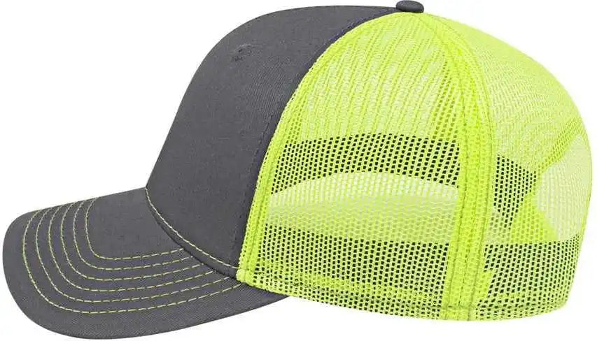 Cap America I3028 Modified Flat Bill with Mesh Back Charcoal Neon Yellow Dark Gray / one Size Fits Most