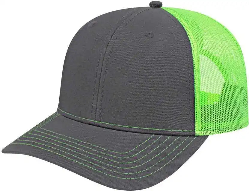 Cap America I3028 Modified Flat Bill with Mesh Back Charcoal Neon Green Dark Gray / one Size Fits Most
