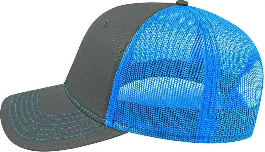 Cap America I3028 Modified Flat Bill with Mesh Back Charcoal Neon Blue Dark Gray / one Size Fits Most
