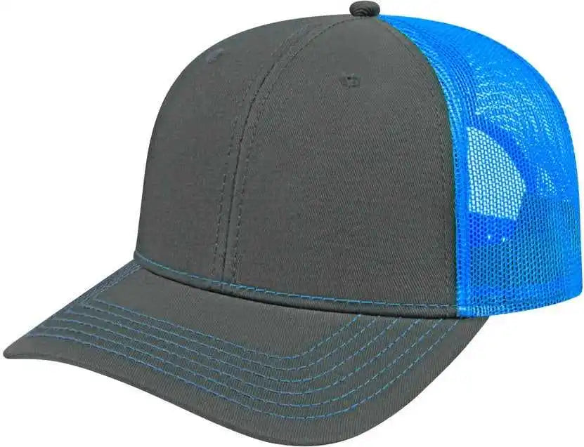 Cap America I3028 Modified Flat Bill with Mesh Back Charcoal Neon Blue Dark Gray / one Size Fits Most
