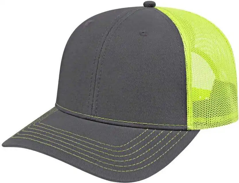 Cap America I3028 Modified Flat Bill with Mesh Back Charcoal Neon Yellow Dark Gray / one Size Fits Most