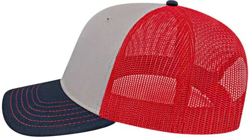 Cap America I3028 Modified Flat Bill with Mesh Back - Gray Navy Red - one Size Fits Most
