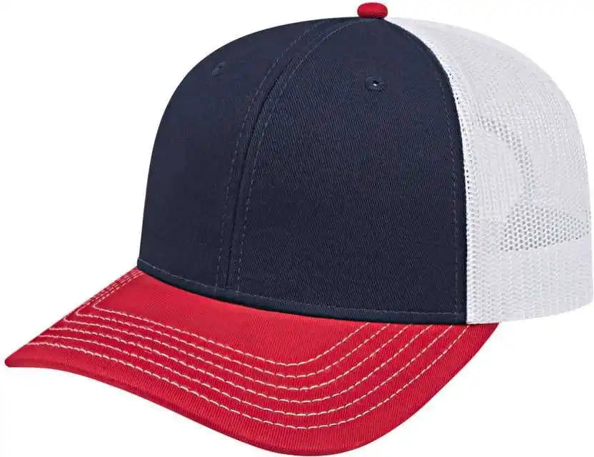 Cap America I3028 Modified Flat Bill with Mesh Back - Navy Red White - one Size Fits Most
