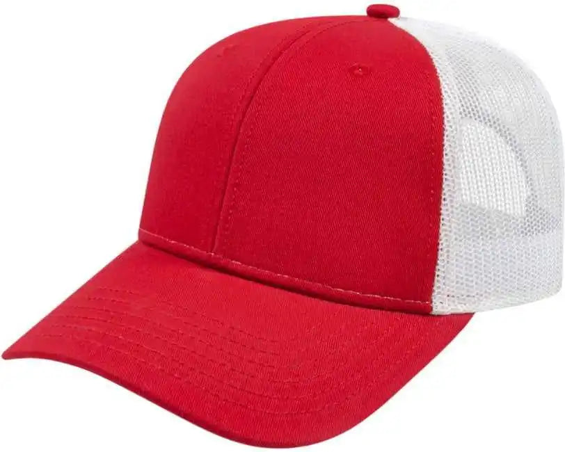 Cap America I3115 Low Profile Trucker with Modified Flat Bill Red White / Youth