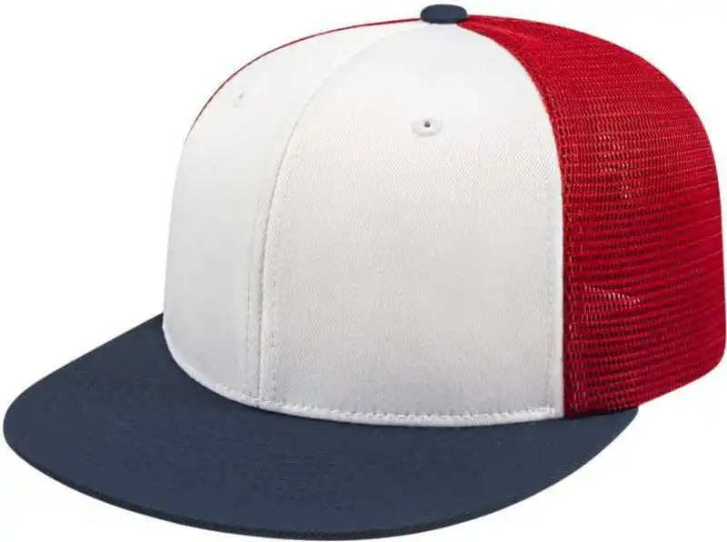 Cap America I8501 Flexfit Performance Trucker Mesh Back White Navy Red / Xs