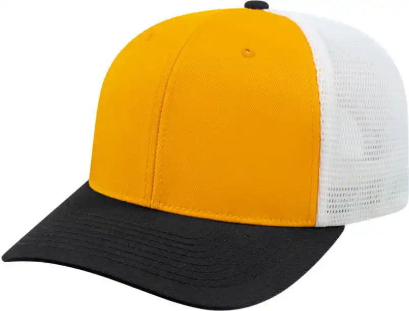 Cap America I8502 Flexfit 110 Trucker Mesh Back - Athletic Gold Black White - one Size Fits Most