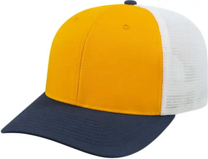 Cap America I8502 Flexfit 110 Trucker Mesh Back Athletic Gold Navy White / one Size Fits Most