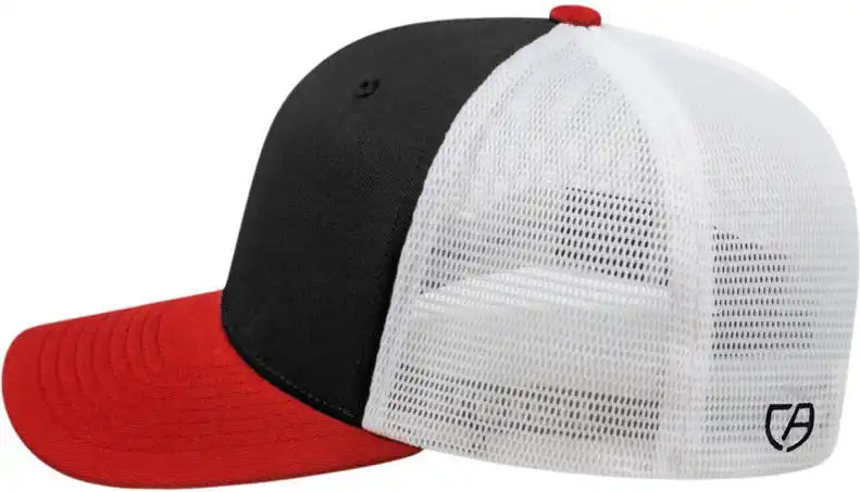 Cap America I8502 Flexfit 110 Trucker Mesh Back - Black Red White - one Size Fits Most