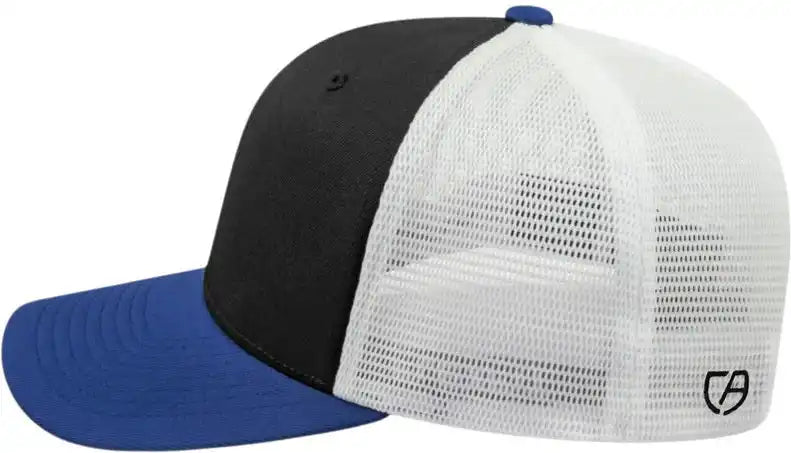 Cap America I8502 Flexfit 110 Trucker Mesh Back Black Royal White / one Size Fits Most