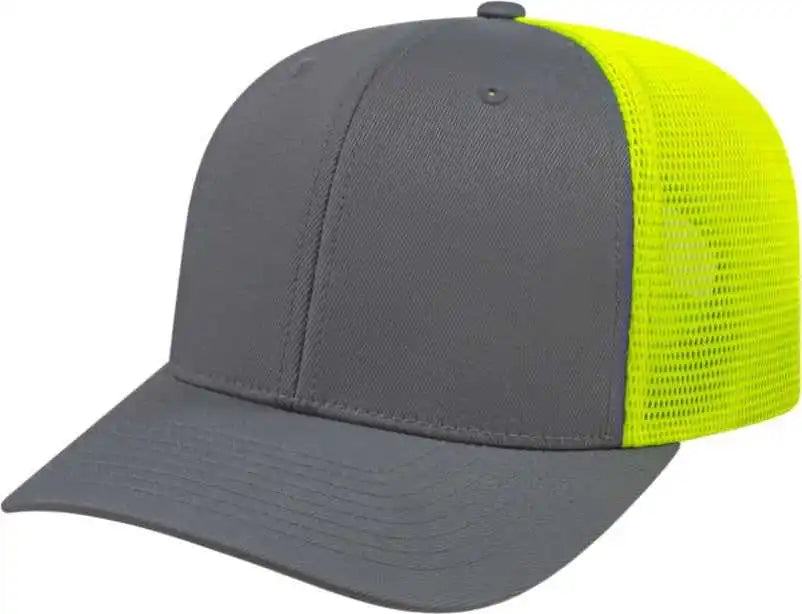 Cap America I8502 Flexfit 110 Trucker Mesh Back - Graphite Neon Yellow - Dark Gray / one Size Fits Most